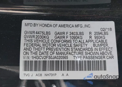 2018 Honda Accord Ex-L 2.0T from USA, damaged, VIN 1HGCV2F50JA020565